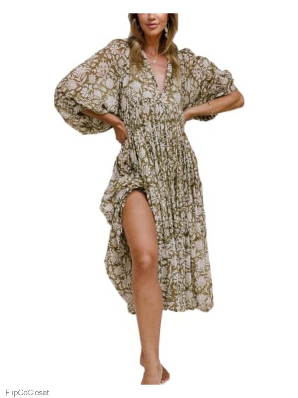 Women's Boho Midi Dress Deep V Puff Sleeve Floral Rayon Summer